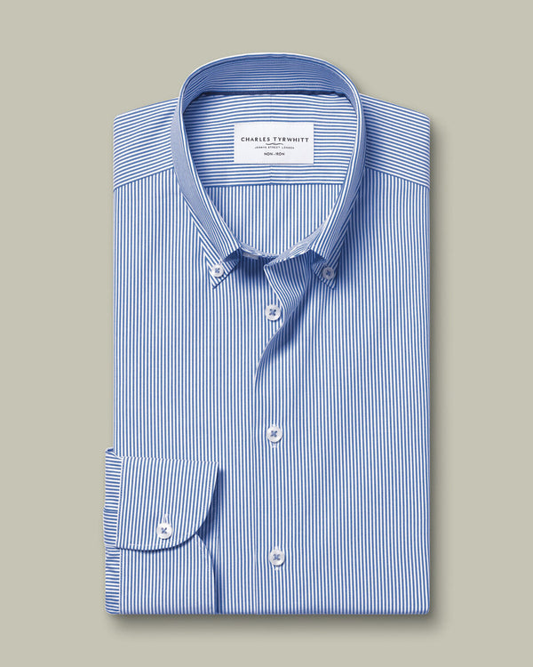 Non-Iron Stretch Pinpoint Oxford Stripe Shirt - Cobalt Blue