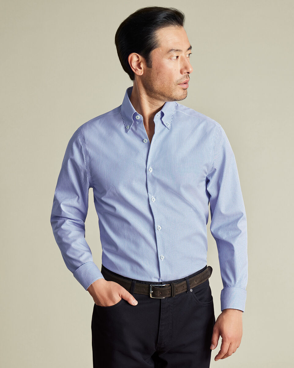 Non-Iron Stretch Pinpoint Oxford Stripe Shirt - Cobalt Blue