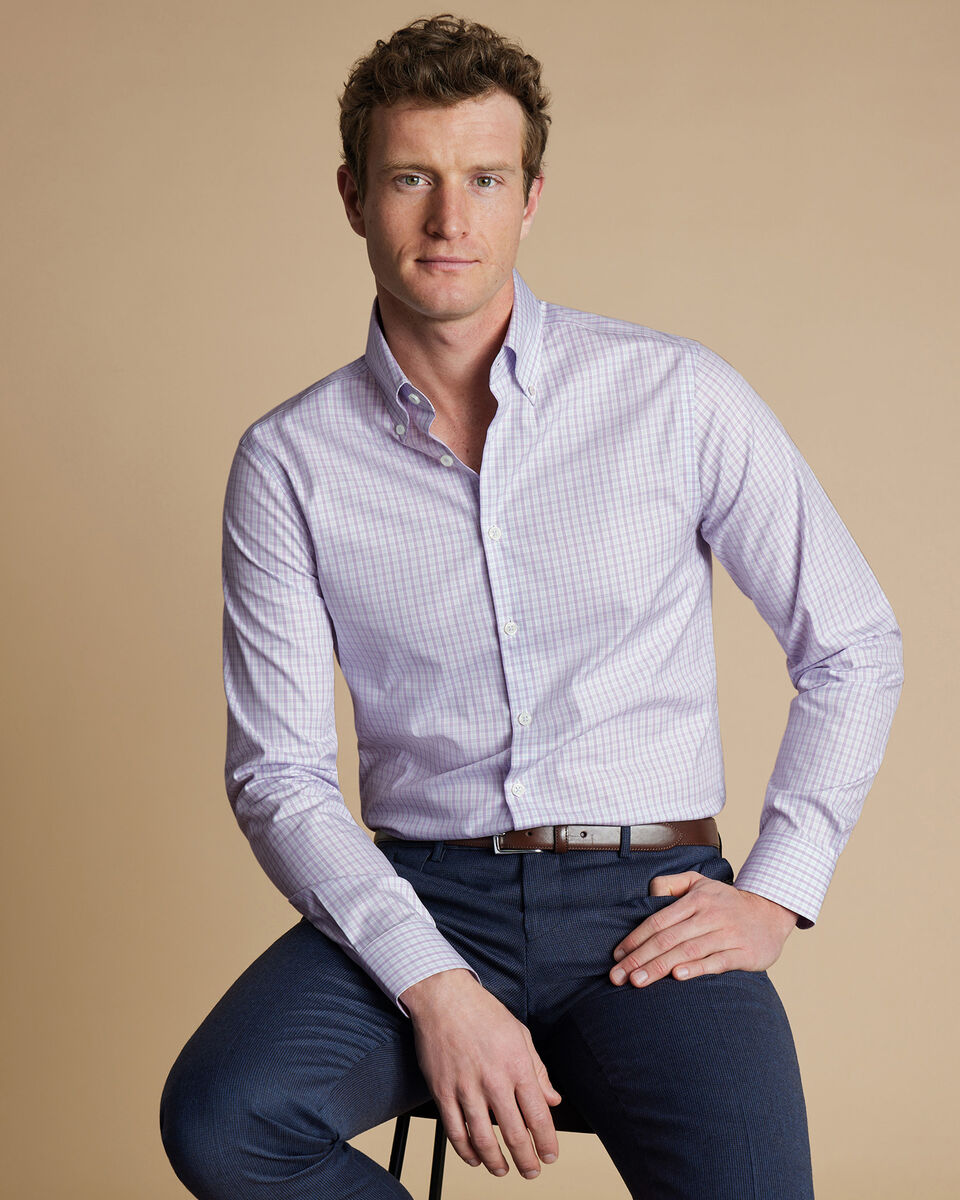 Non-Iron Oxford Grid Check Shirt - Lilac Purple