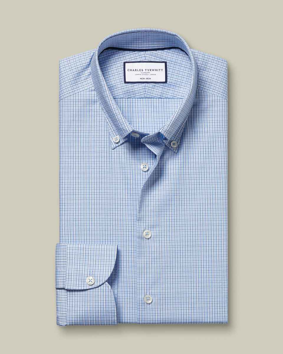 Non-Iron Stretch Oxford Check Shirt - Sky Blue