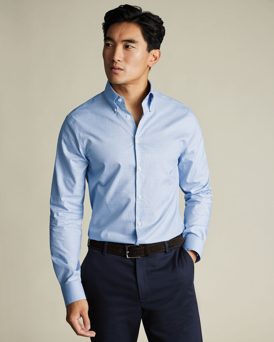 Non-Iron Stretch Oxford Check Shirt - Sky Blue