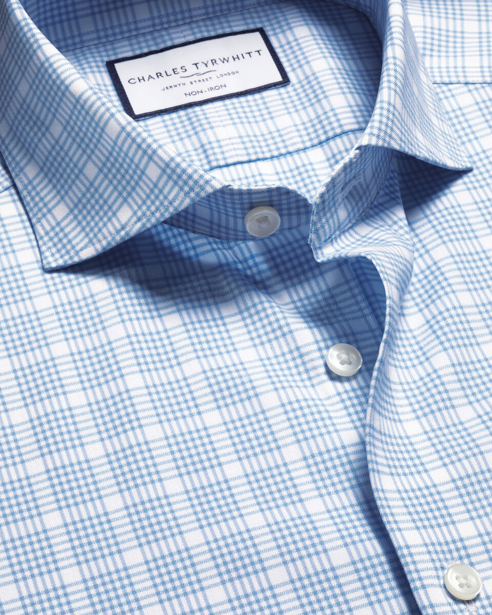 Non-Iron Twill Performance Check Shirt- Cornflower Blue