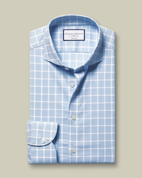 Non-Iron Twill Performance Check Shirt- Cornflower Blue