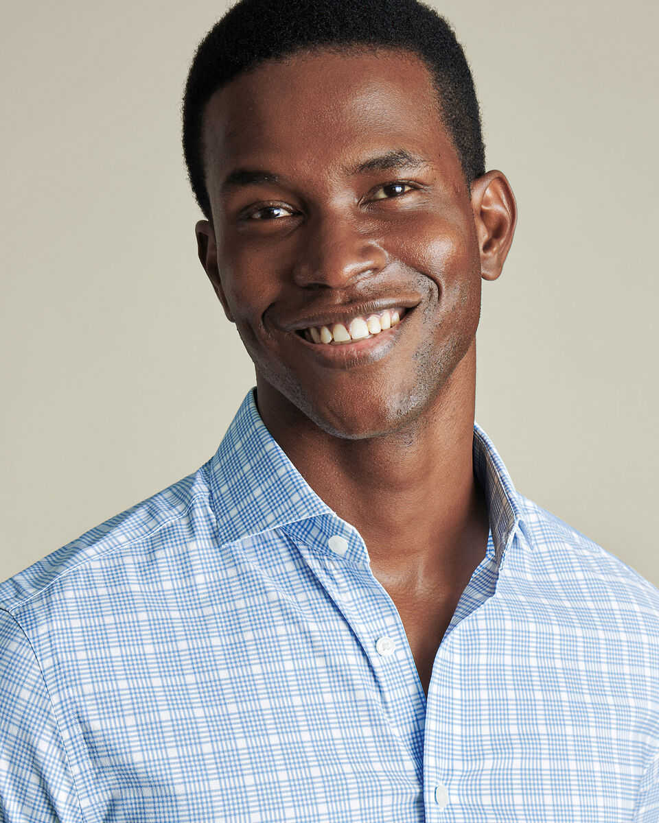 Non-Iron Twill Performance Check Shirt- Cornflower Blue