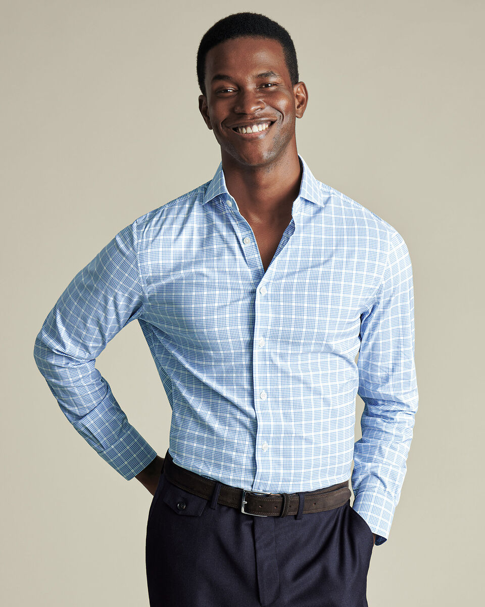 Non-Iron Twill Performance Check Shirt- Cornflower Blue