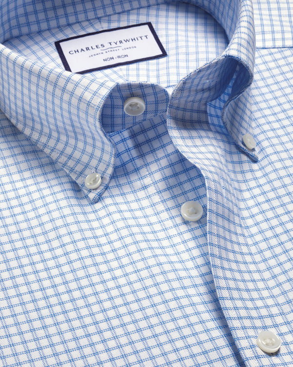 Non-Iron Stretch Oxford Check Shirt - Cornflower Blue