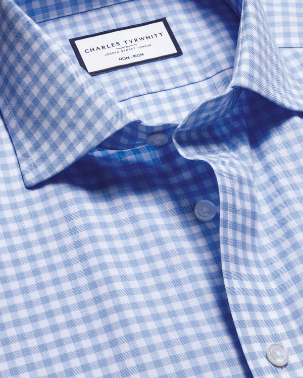 Non-Iron Twill Gingham Shirt - Cornflower Blue