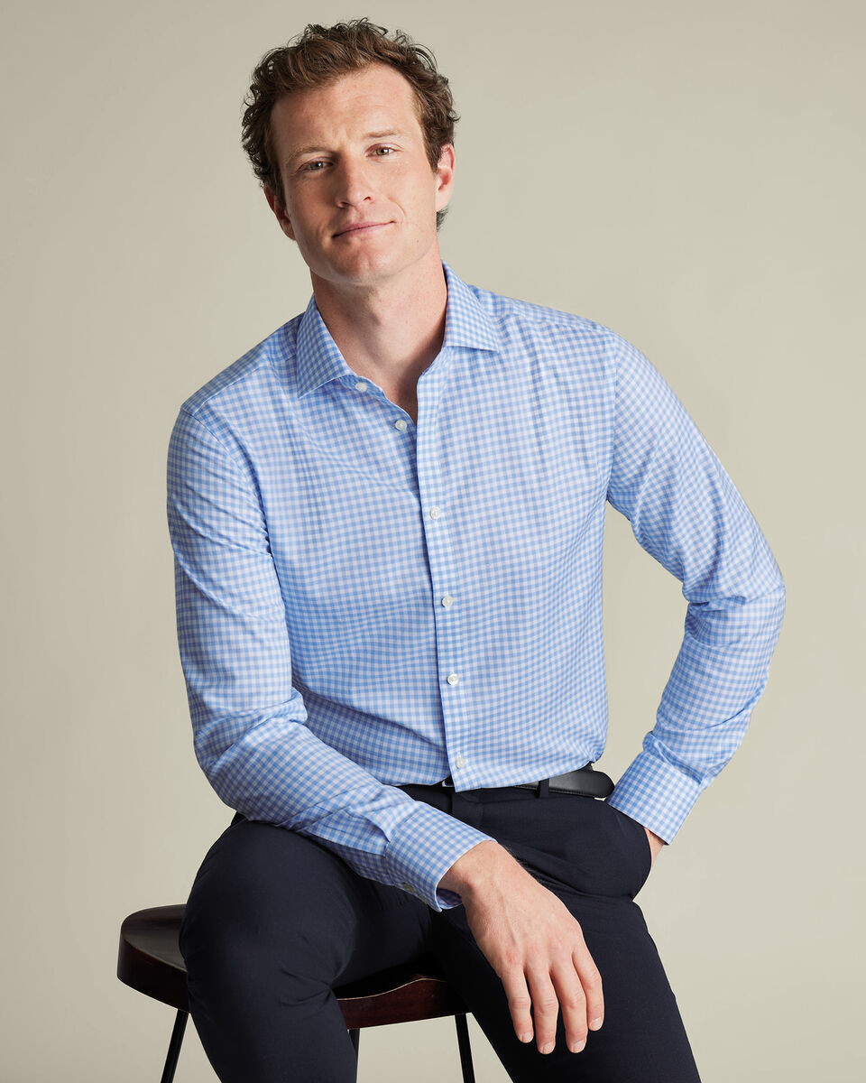 Non-Iron Twill Gingham Shirt - Cornflower Blue