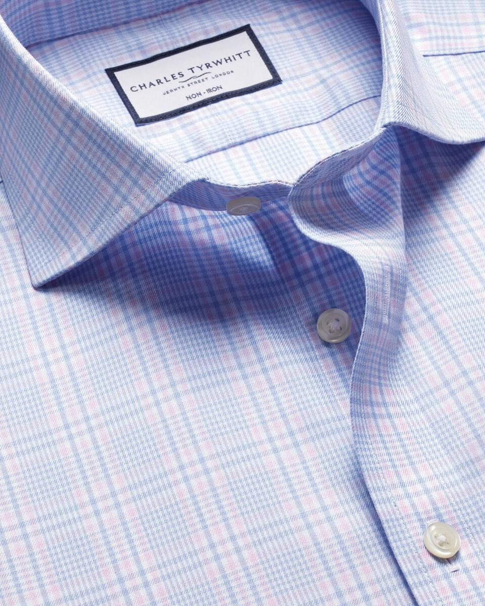 Non-Iron Twill Prince of Wales Shirt - Sky Blue & Pink Main image