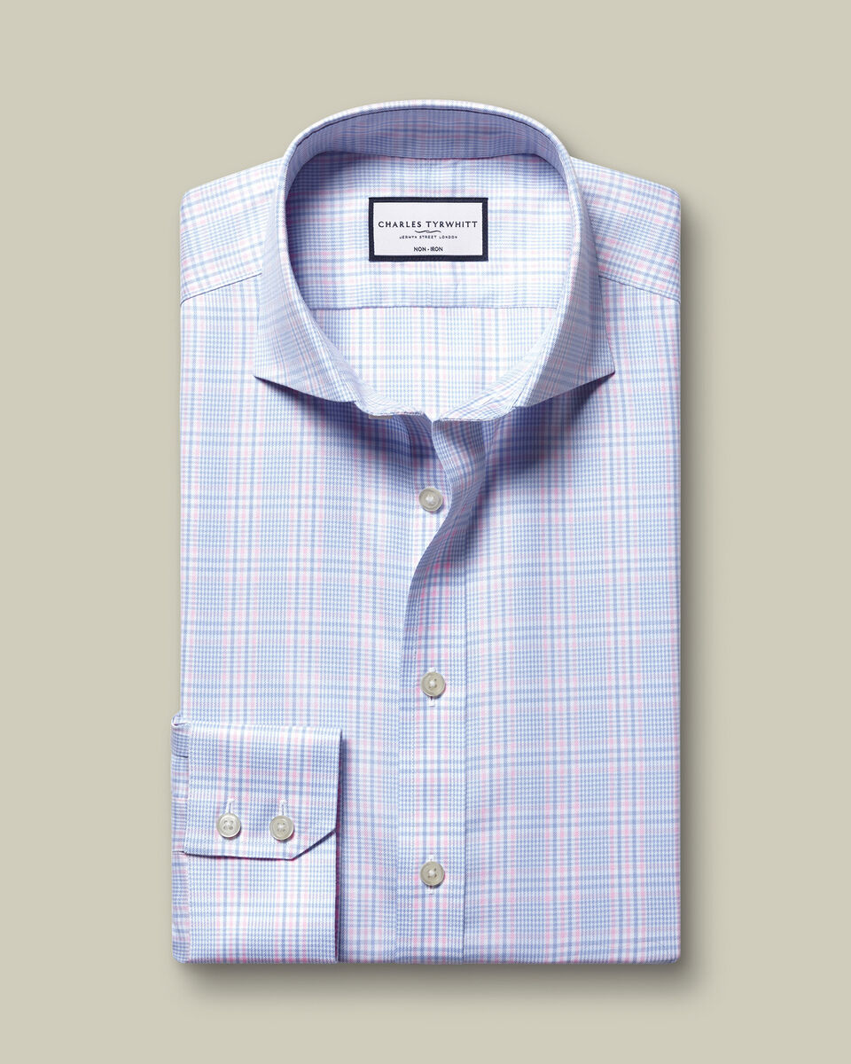 Non-Iron Twill Prince of Wales Shirt - Sky Blue & Pink