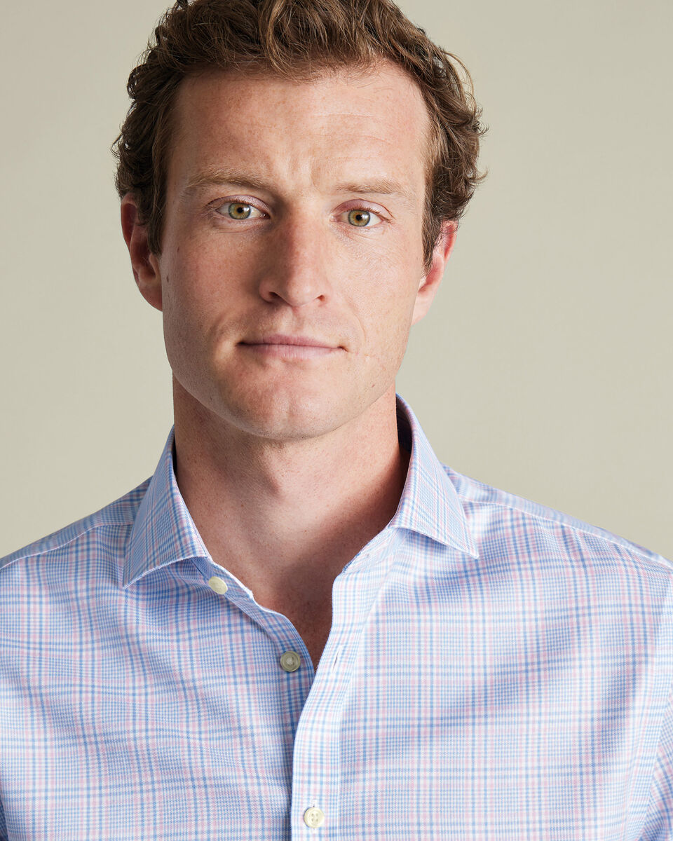 Non-Iron Twill Prince of Wales Shirt - Sky Blue & Pink