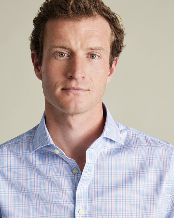 Non-Iron Twill Prince of Wales Shirt - Sky Blue & Pink