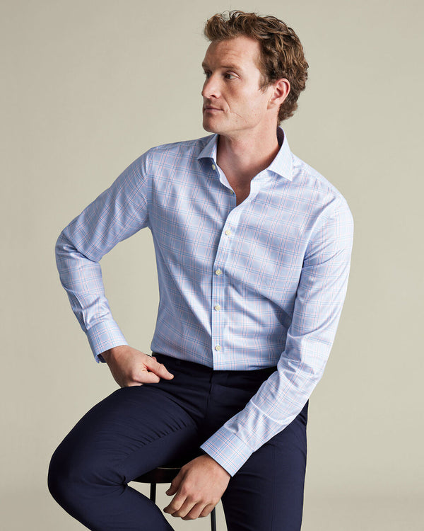 Non-Iron Twill Prince of Wales Shirt - Sky Blue & Pink