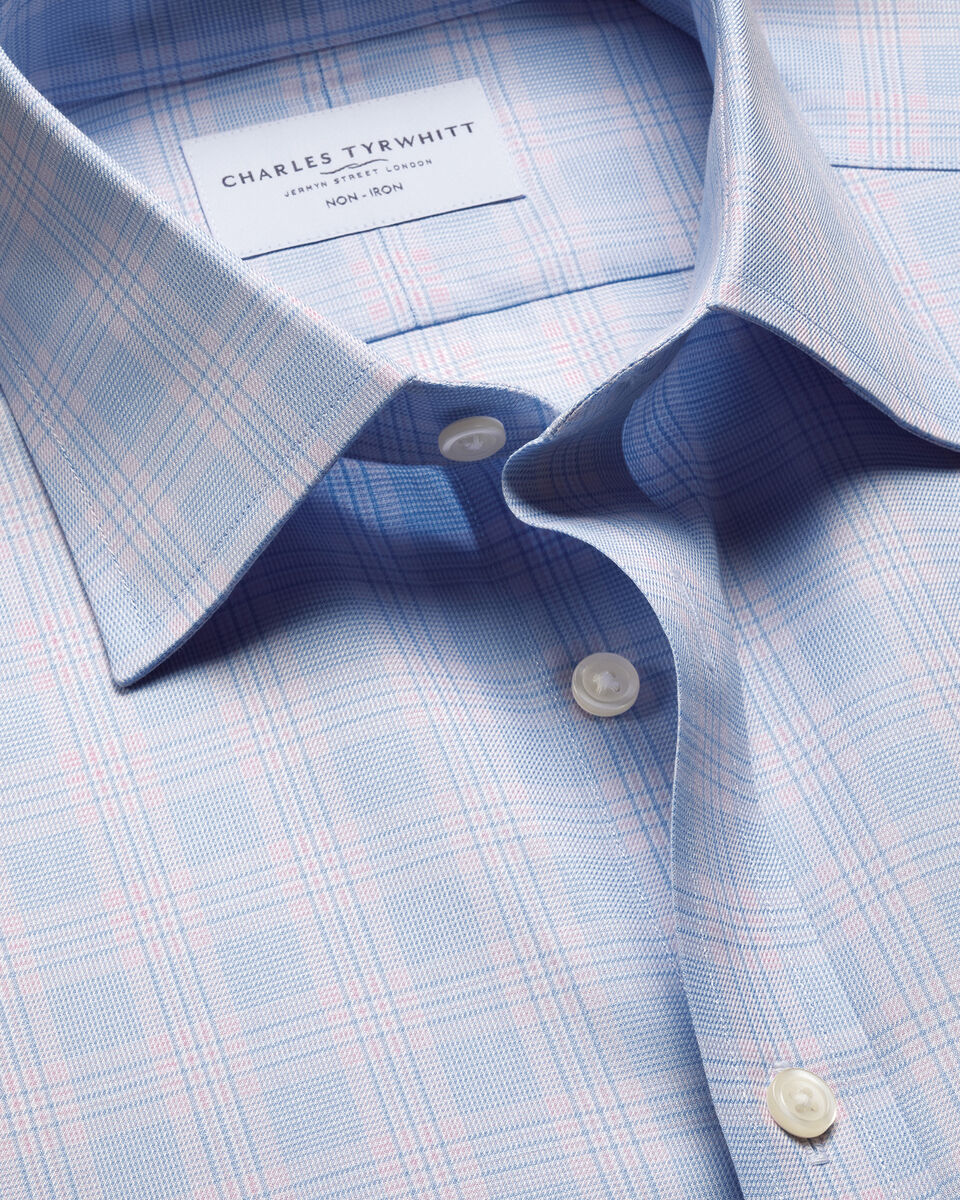 Non-Iron Twill Prince of Wales Check Shirt – Sky Blue & Pink Main image
