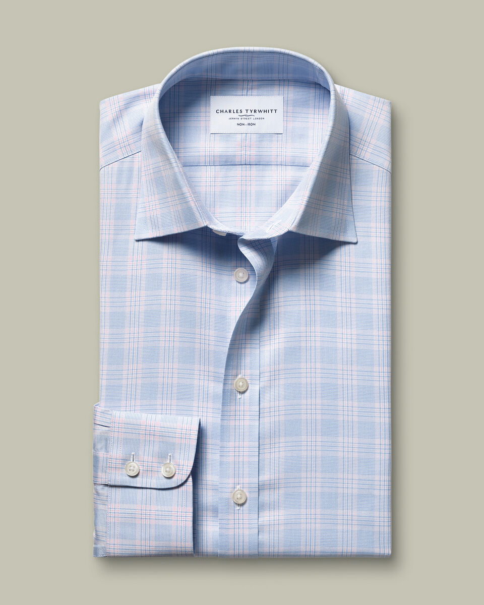 Non-Iron Twill Prince of Wales Check Shirt – Sky Blue & Pink