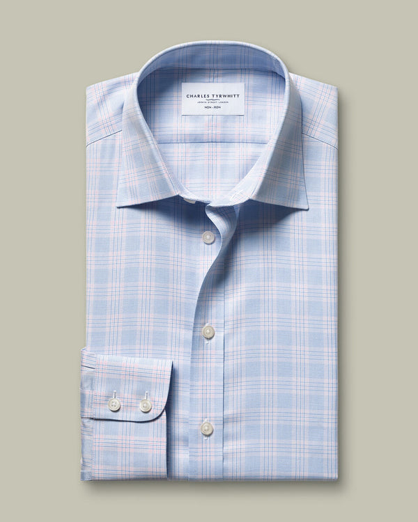 Non-Iron Twill Prince of Wales Check Shirt – Sky Blue & Pink