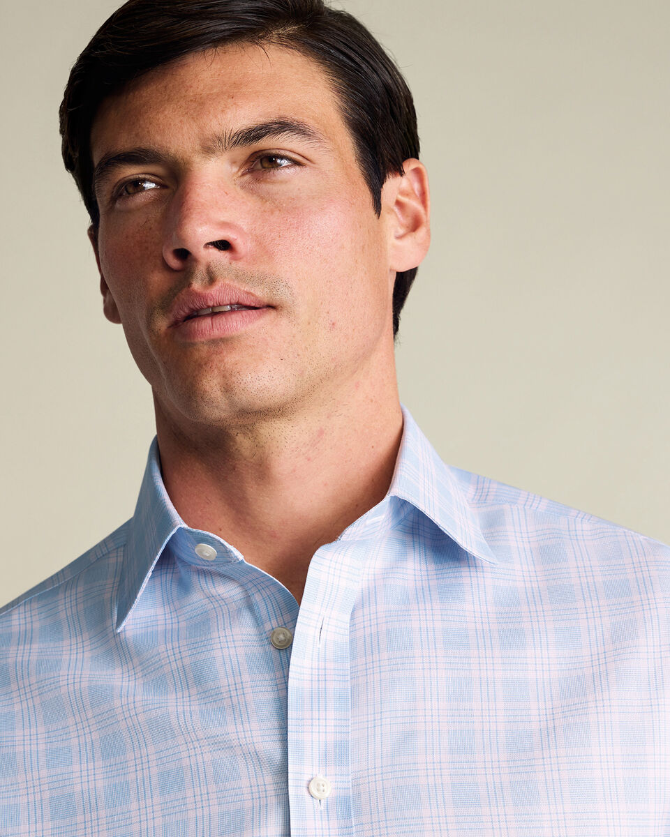 Non-Iron Twill Prince of Wales Check Shirt – Sky Blue & Pink