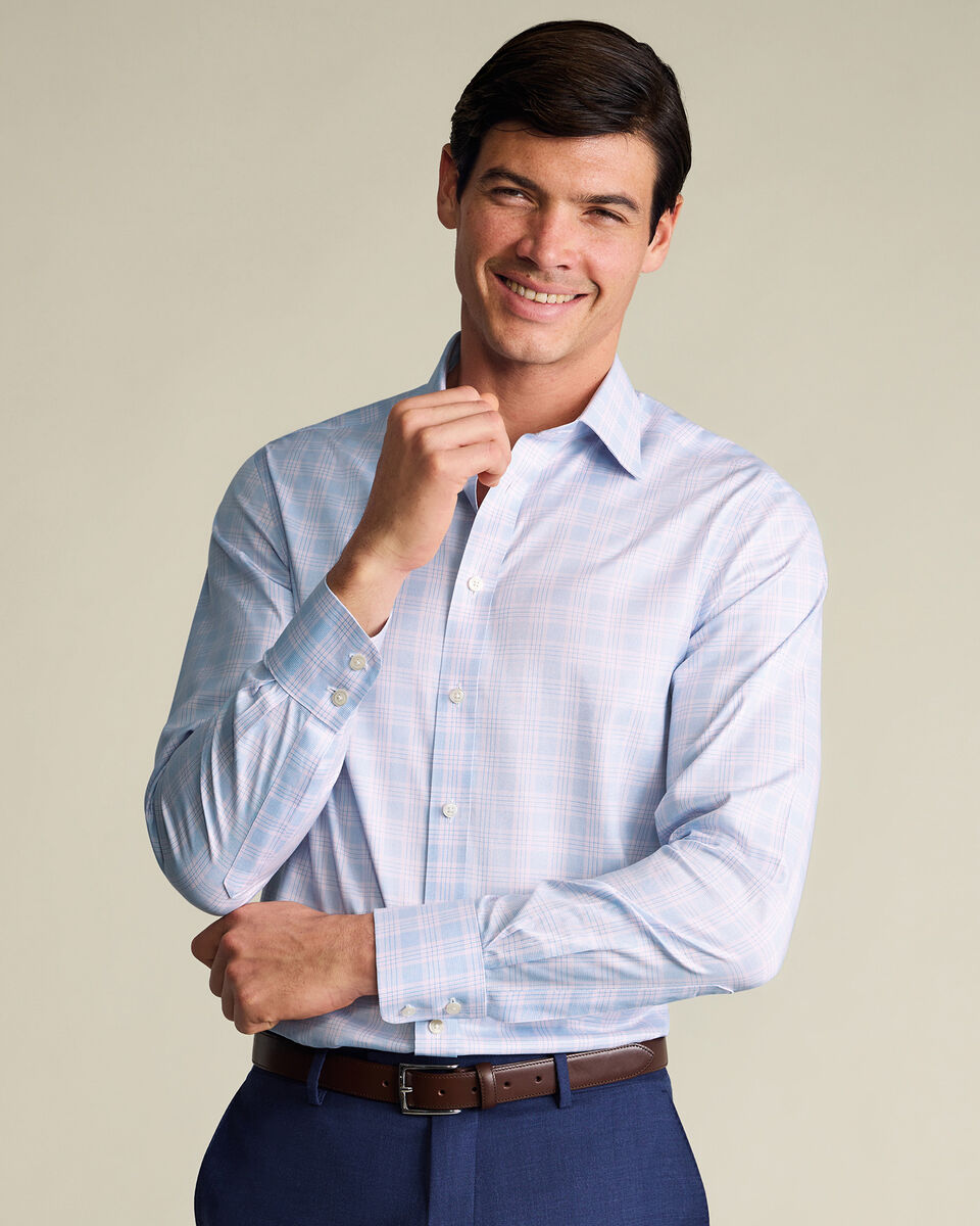 Non-Iron Twill Prince of Wales Check Shirt – Sky Blue & Pink
