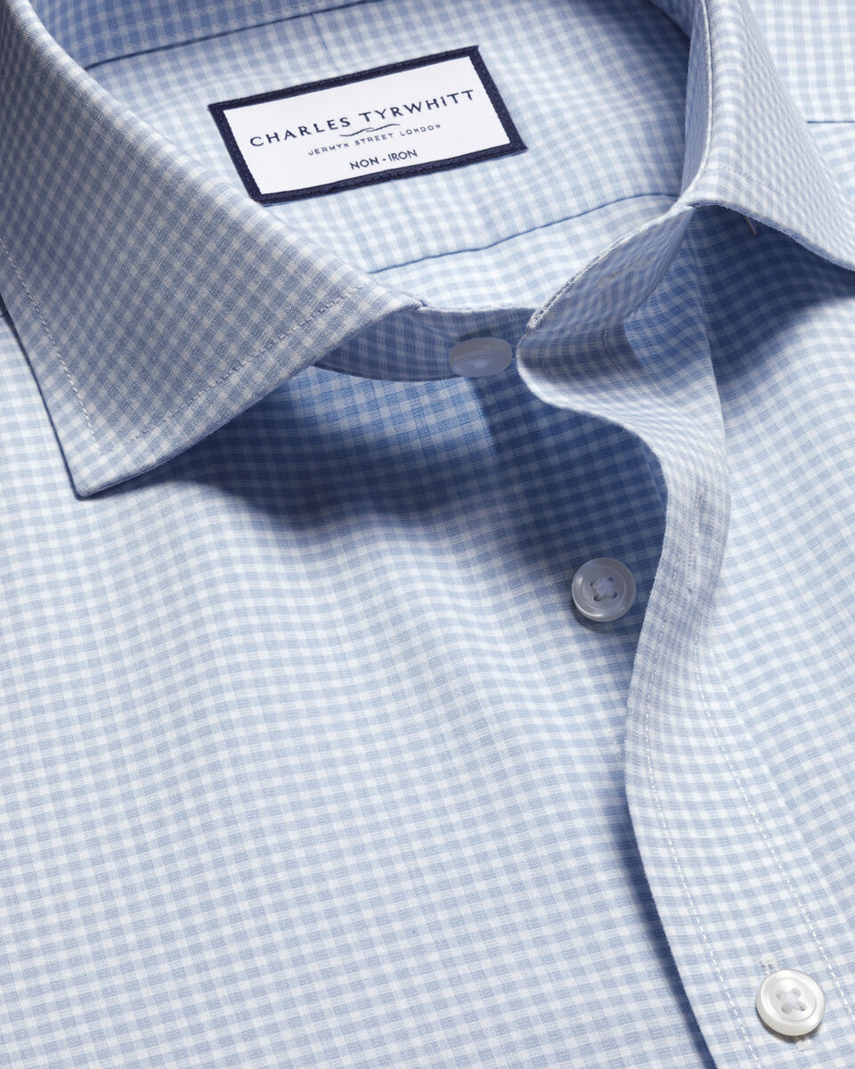 Non-Iron Stretch Poplin Gingham Shirt - Ice Blue