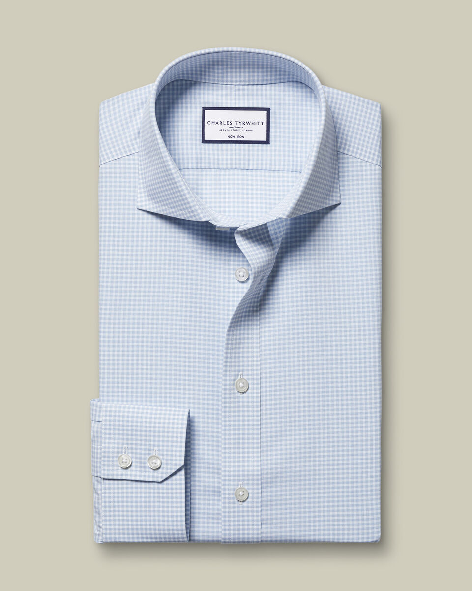 Non-Iron Stretch Poplin Gingham Shirt - Ice Blue