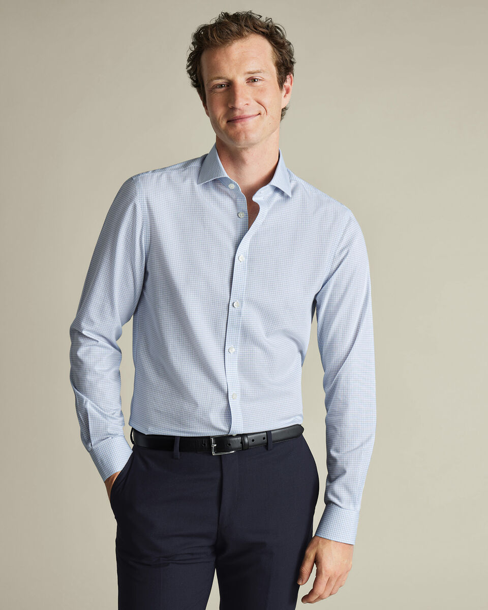 Non-Iron Stretch Poplin Gingham Shirt - Ice Blue