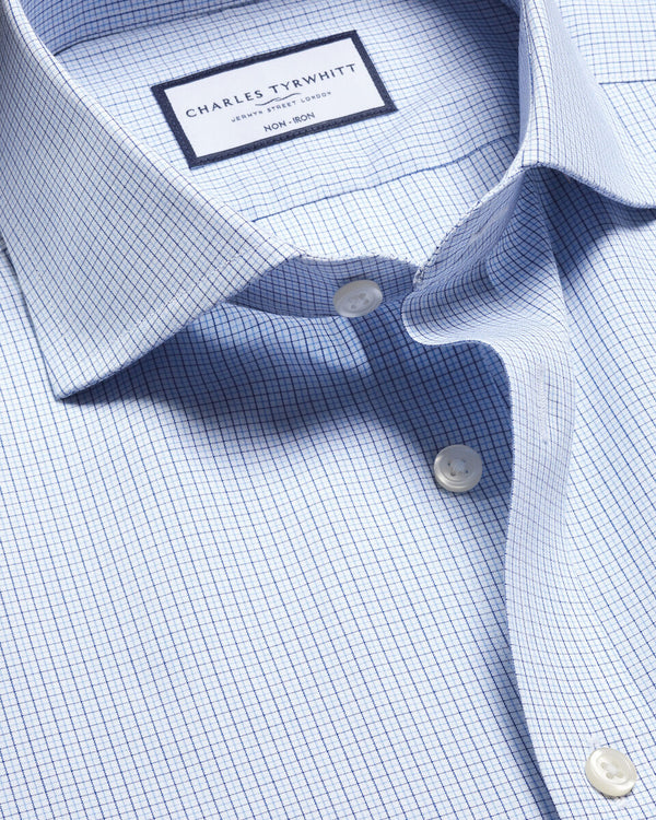 Non-Iron Stretch Poplin Check Shirt - Cobalt Blue