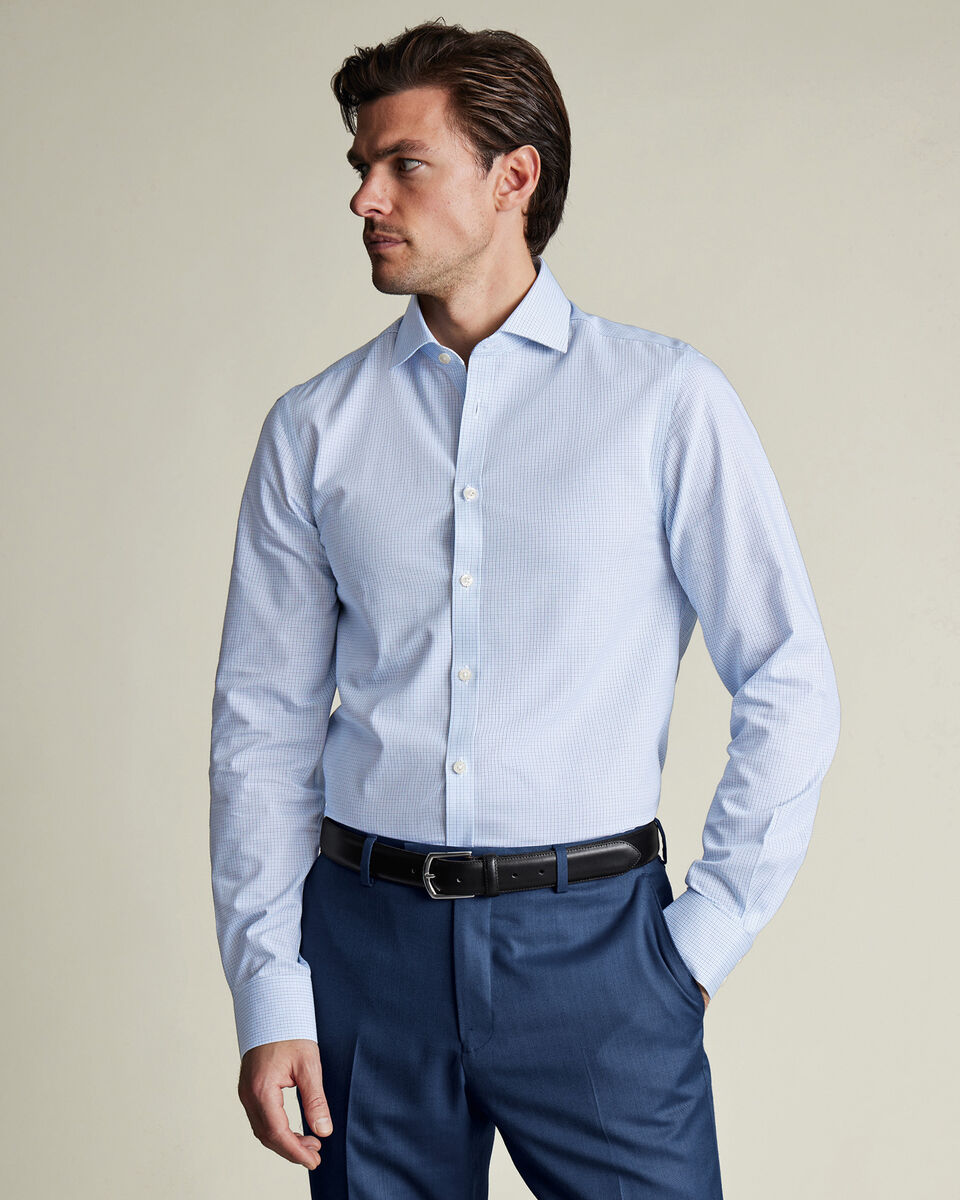 Non-Iron Stretch Poplin Check Shirt - Cobalt Blue