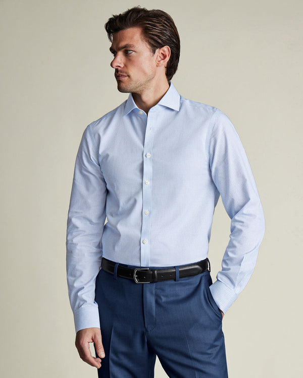 Non-Iron Stretch Poplin Check Shirt - Cobalt Blue