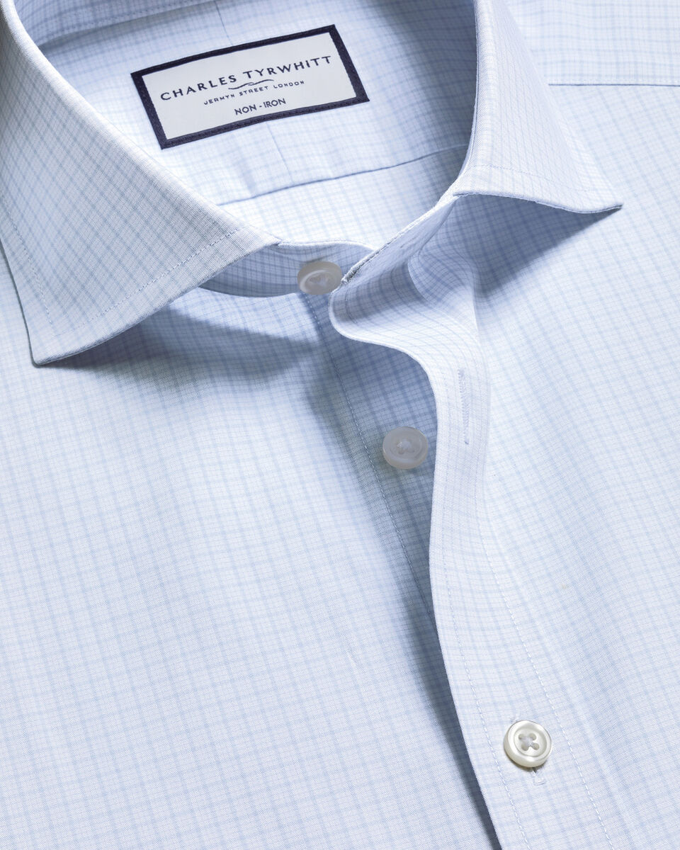 Non-Iron Stretch Poplin Check Shirt - Ice Blue