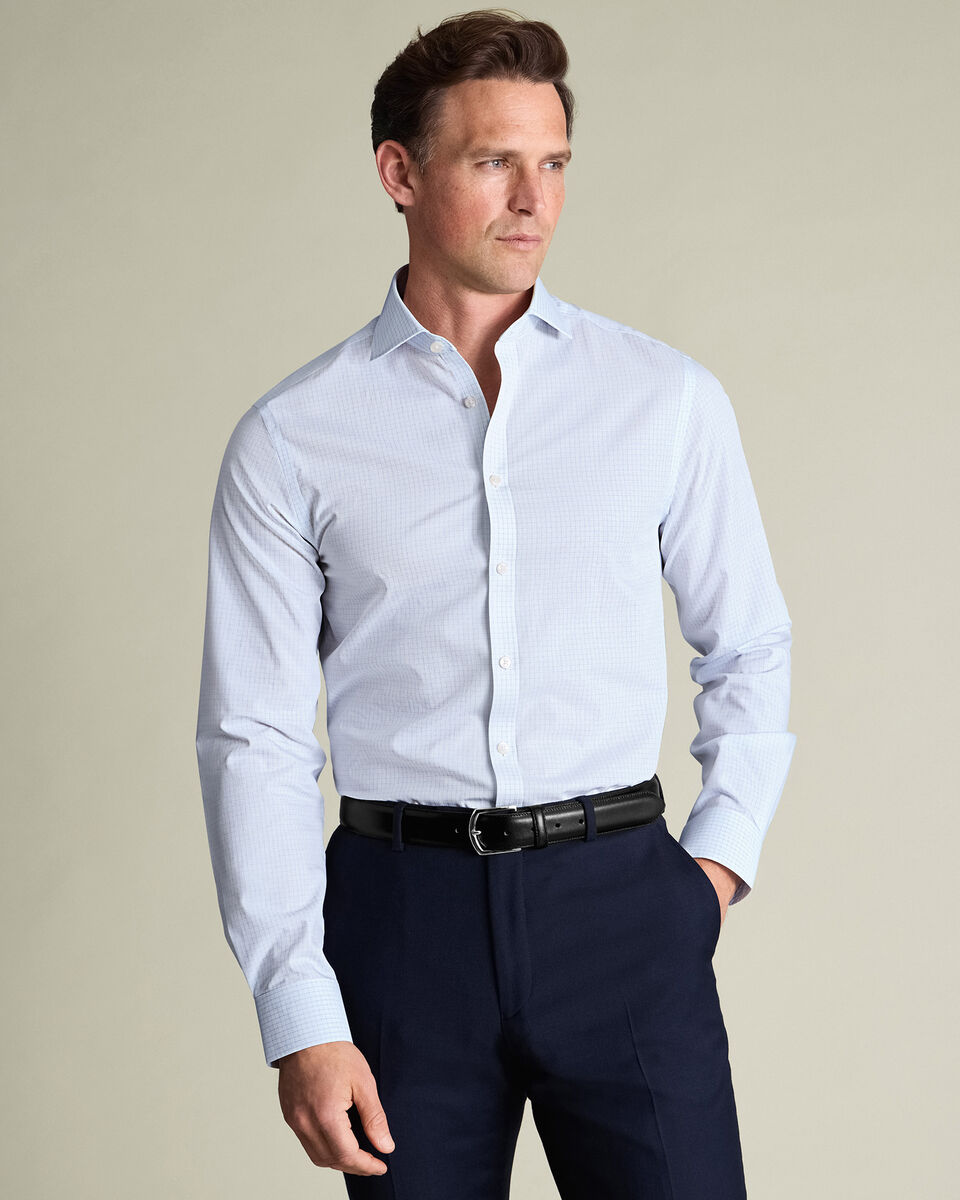 Non-Iron Stretch Poplin Check Shirt - Ice Blue