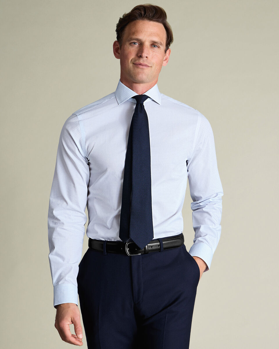 Non-Iron Stretch Poplin Check Shirt - Ice Blue