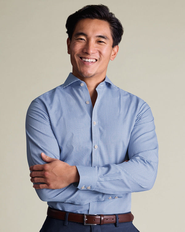 Non-Iron Stretch Poplin Gingham Shirt - Royal Blue