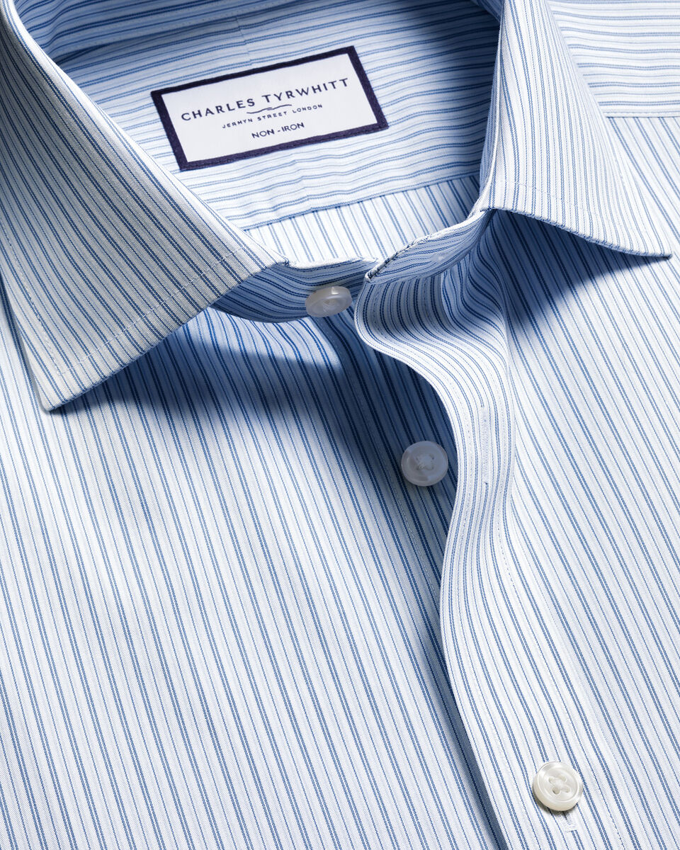 Non-Iron Stretch Poplin Stripe Shirt - Mid Blue Main image