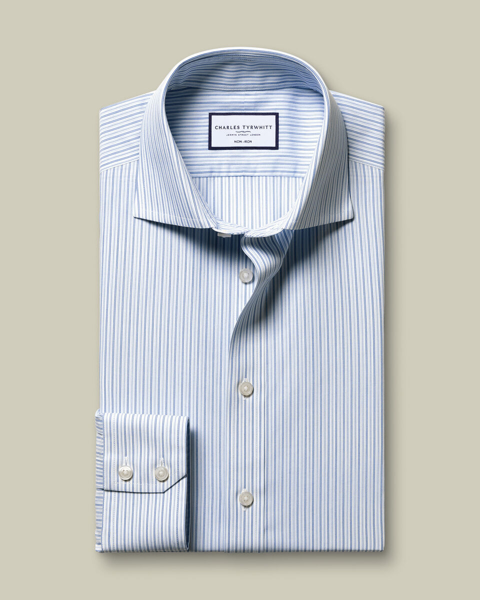Non-Iron Stretch Poplin Stripe Shirt - Mid Blue