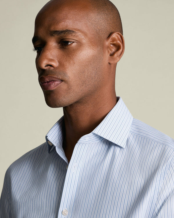 Non-Iron Stretch Poplin Stripe Shirt - Mid Blue