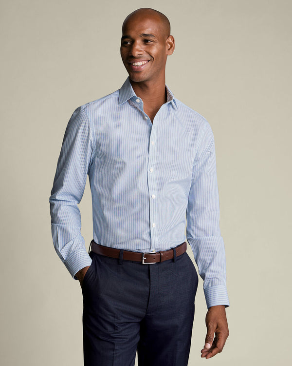 Non-Iron Stretch Poplin Stripe Shirt - Mid Blue