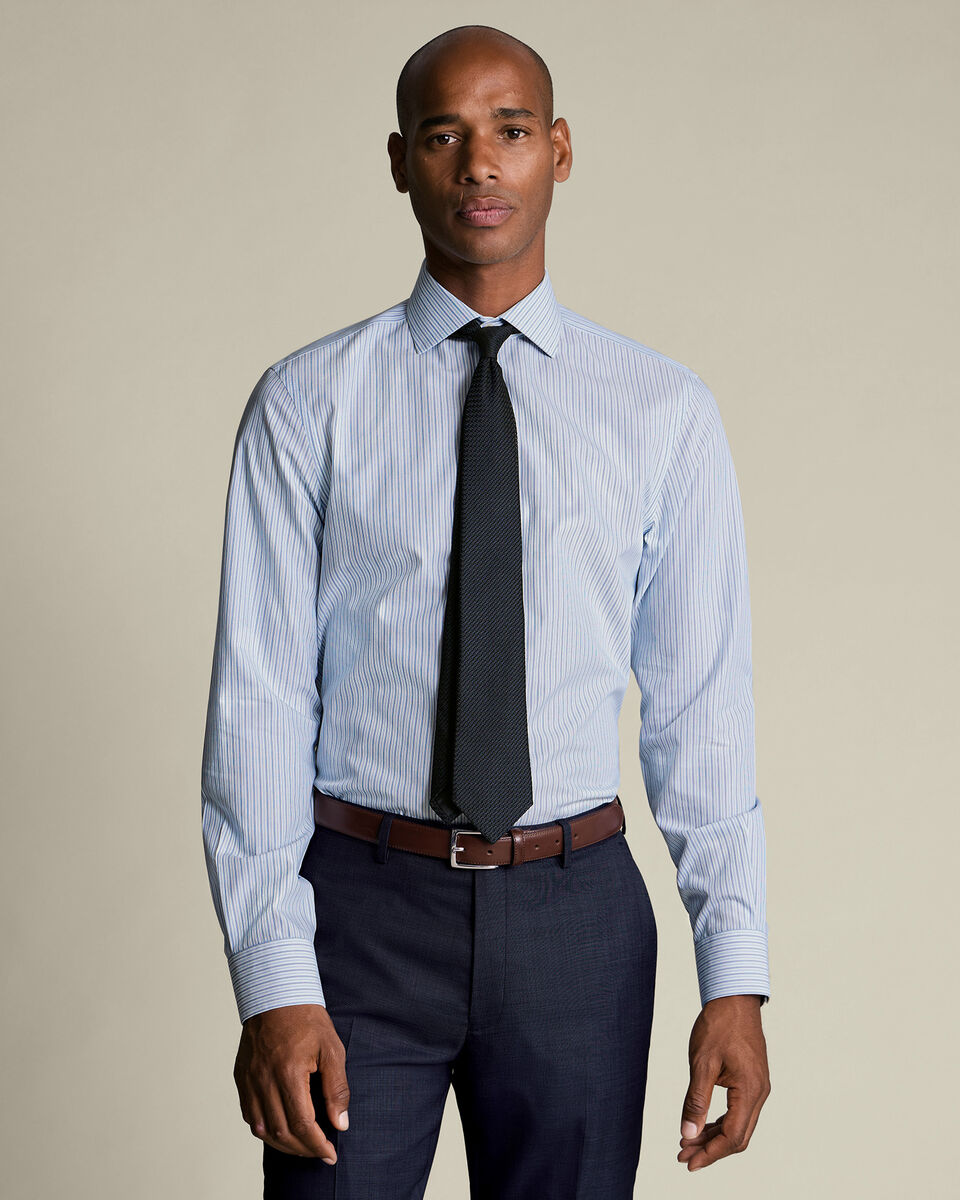 Non-Iron Stretch Poplin Stripe Shirt - Mid Blue