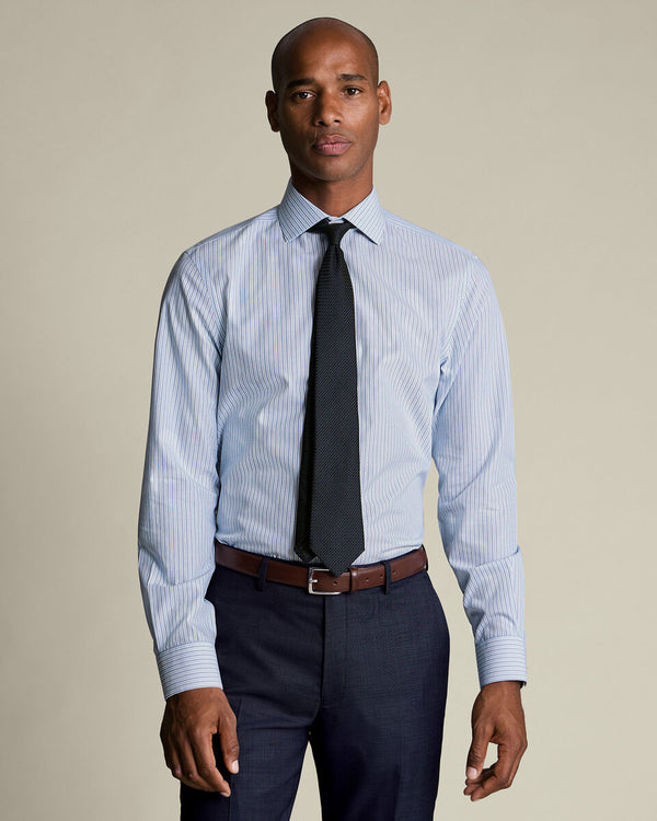 Non-Iron Stretch Poplin Stripe Shirt - Mid Blue