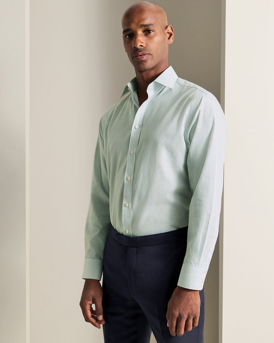 Non-Iron Stretch Poplin Bengal Stripe Shirt – Mid Green