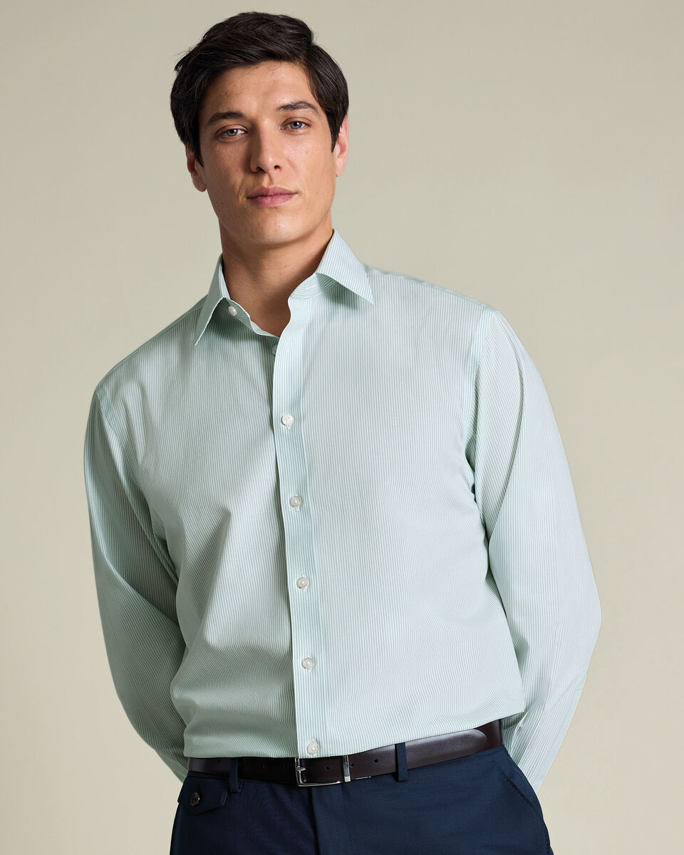 Non-Iron Stretch Poplin Bengal Stripe Shirt – Mid Green