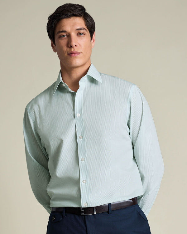 Non-Iron Stretch Poplin Bengal Stripe Shirt – Mid Green