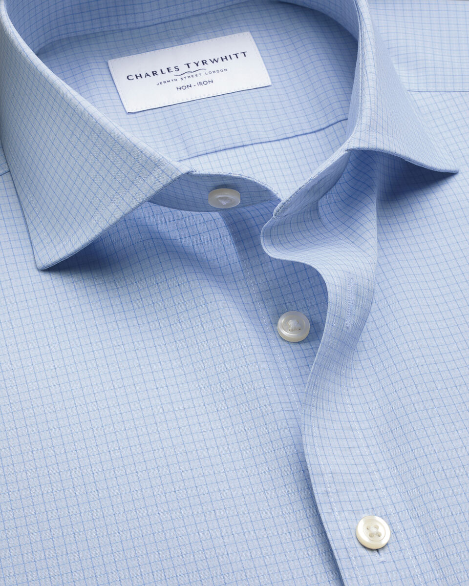 Non-Iron Poplin Grid Check Shirt - Mid Blue Main image