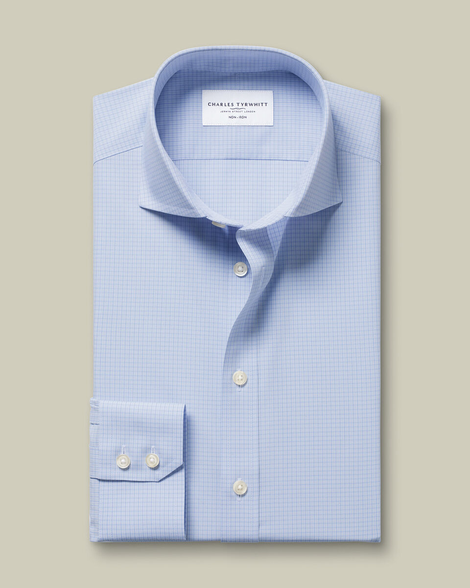 Non-Iron Poplin Grid Check Shirt - Mid Blue