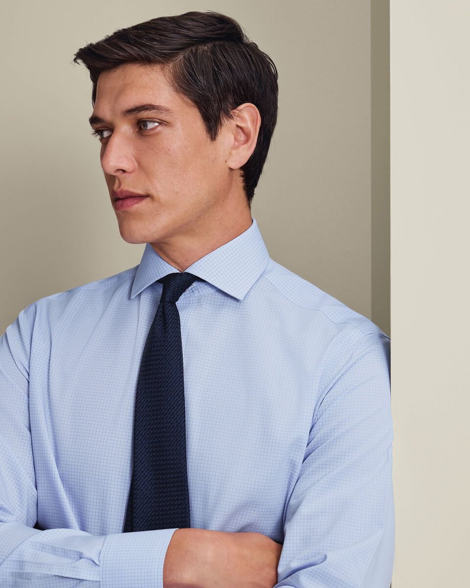 Non-Iron Poplin Grid Check Shirt - Mid Blue