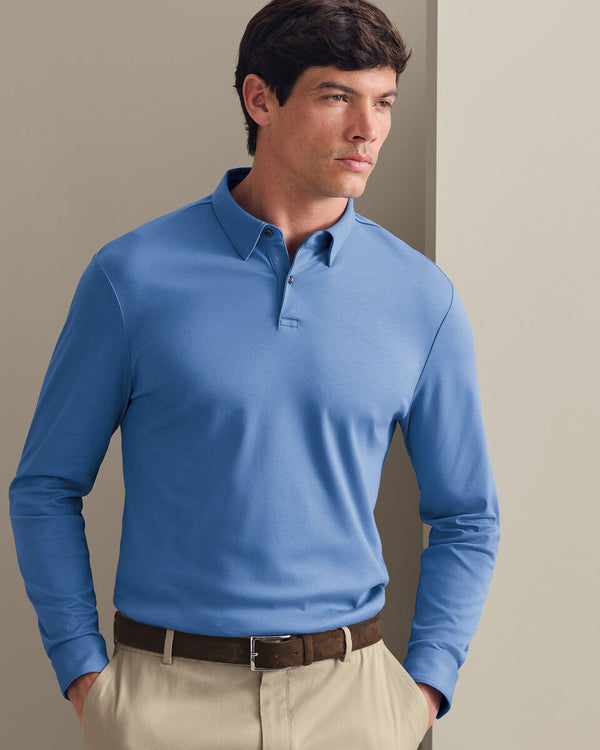 Long Sleeve Smart Cotton Polo - Cornflower Blue