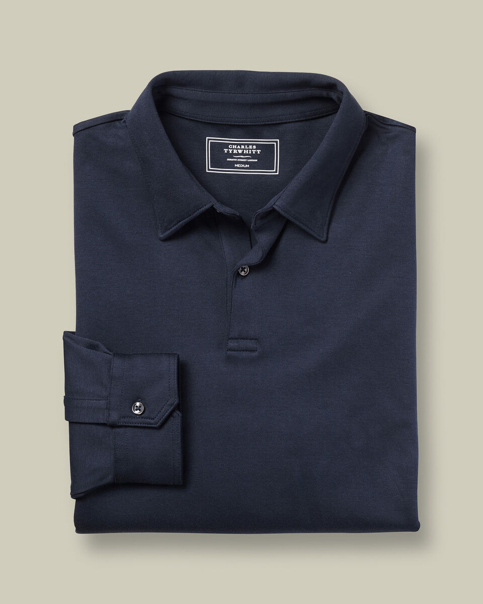 Long Sleeve Smart Cotton Polo - Navy