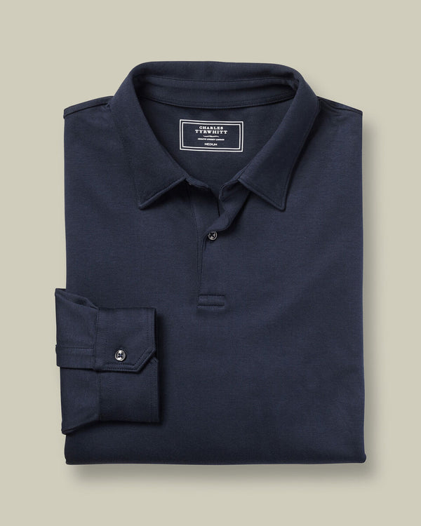 Long Sleeve Smart Cotton Polo - Navy