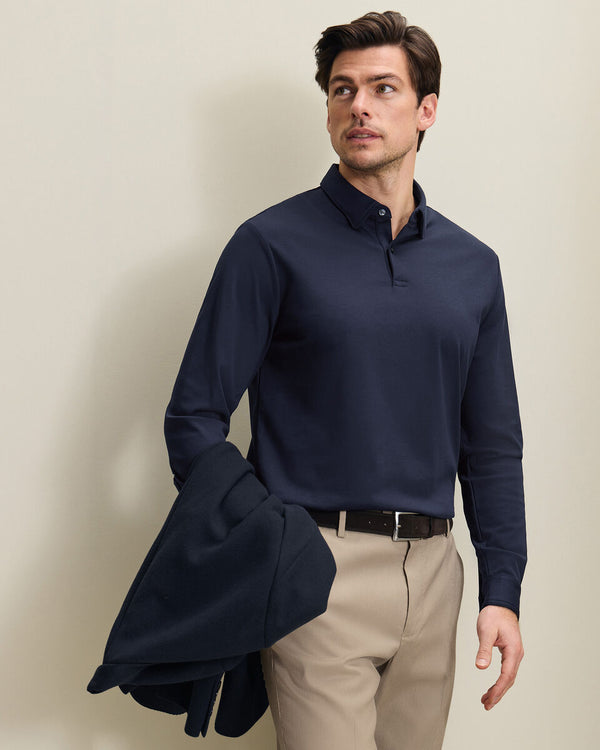 Long Sleeve Smart Cotton Polo - Navy