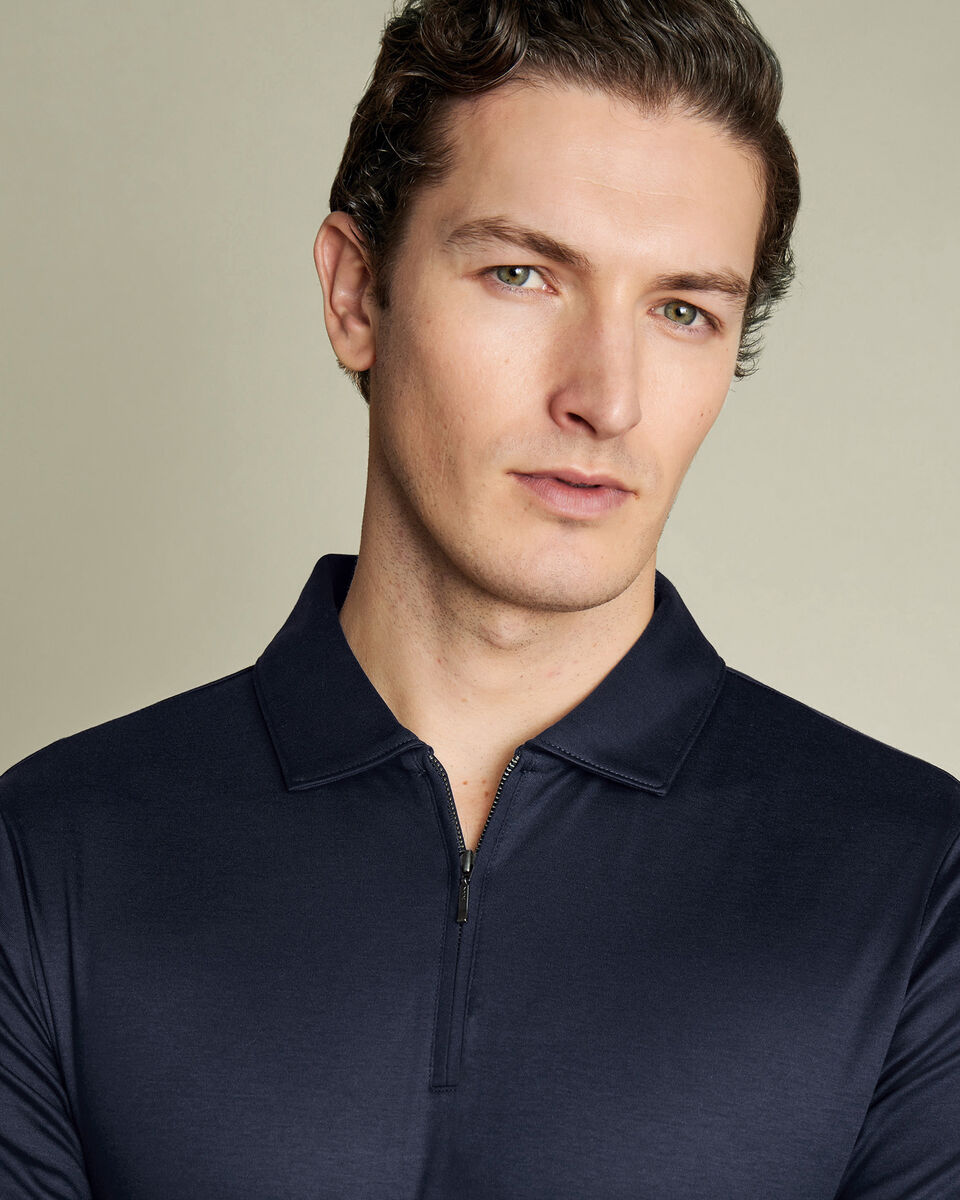 Zip-Neck Jersey Polo - Navy