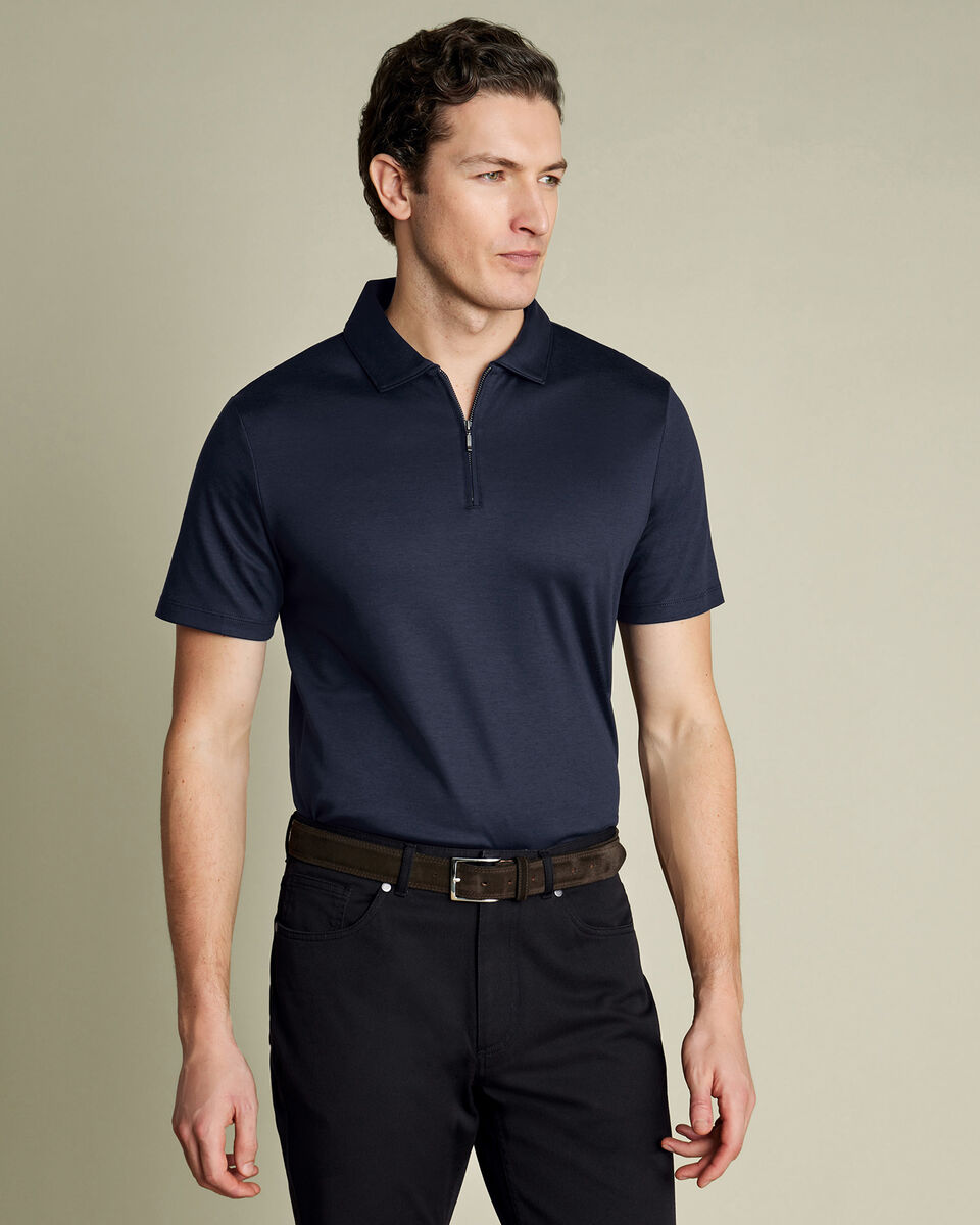 Zip-Neck Jersey Polo - Navy